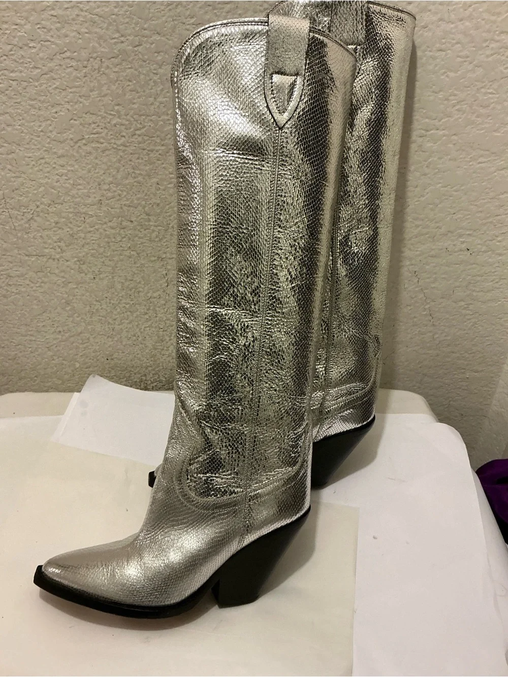 Isabel Marant Silver Metallic Lomero knee high leather boots 38